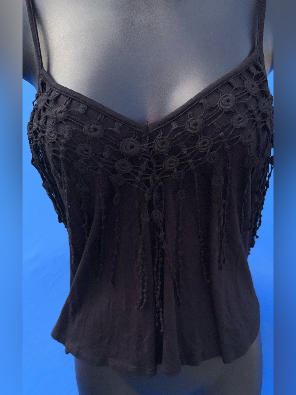 Boho Chic Black Crochet Lace Fringe Surf Gypsy Camisole Top size Small